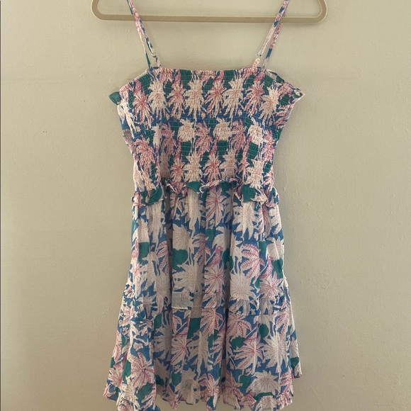 Oliphant Mini Dress Palm Tree Smocked back Cayman Blue Pink size M tired ruffles - Picture 9 of 11
